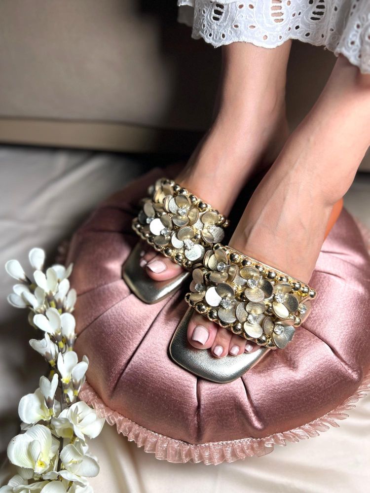 Sandal Stories Golden 3D Flower Embellished Flats-image-37
