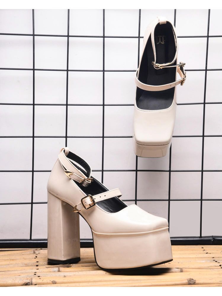 The White Pole Cream Comfortable Stylish Block Sandal Heels For Women-picture-34