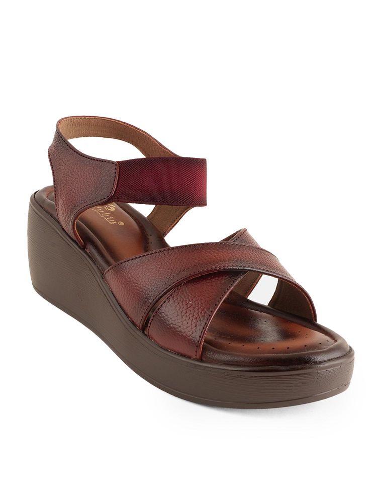 Dollphin Women Maroon Leather Wedge Heel Sandals