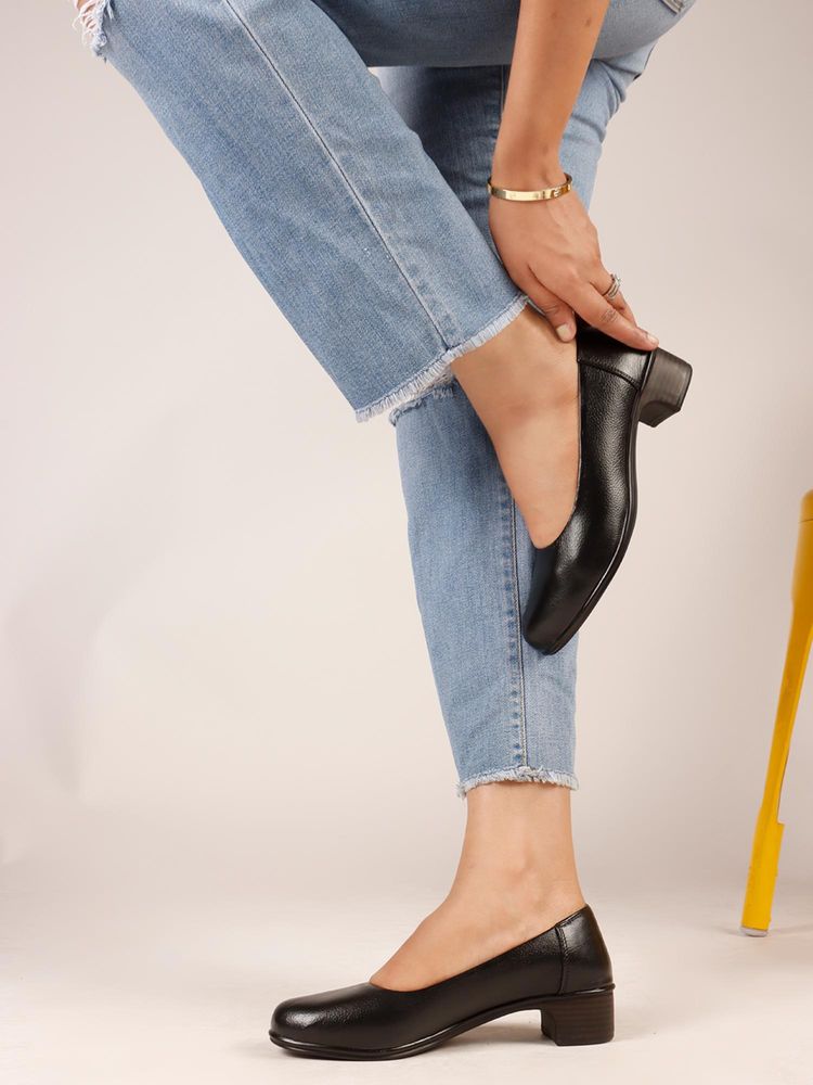 Dollphin Women Black Leather Block Heel Pumps-image-32