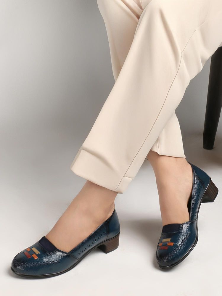 Dollphin Women Navy Blue Leather Block Heel Pumps-picture-22