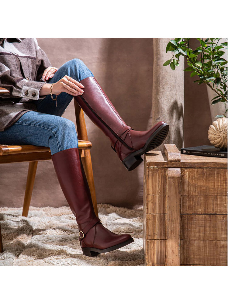 Saint G Hermione Buckle Wrap Strap Teak Leather Knee High Boots-image-27