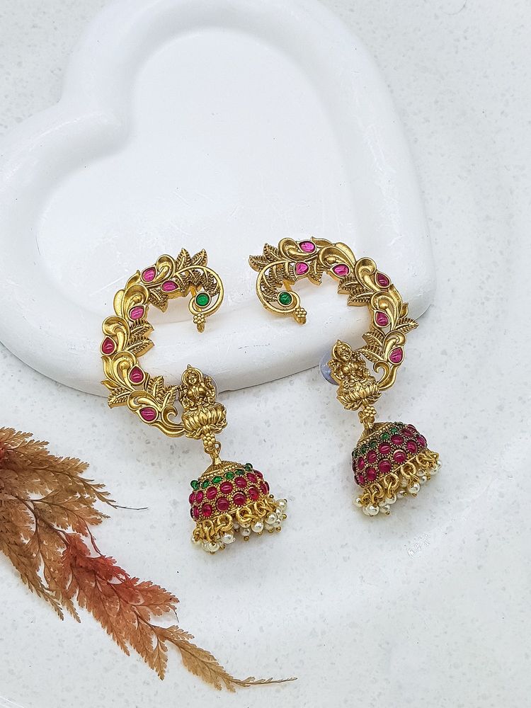 GRIIHAM Gold Plated Pearl Ruby White Cz Stone Bluetooth Jhumka Earrings-image-33