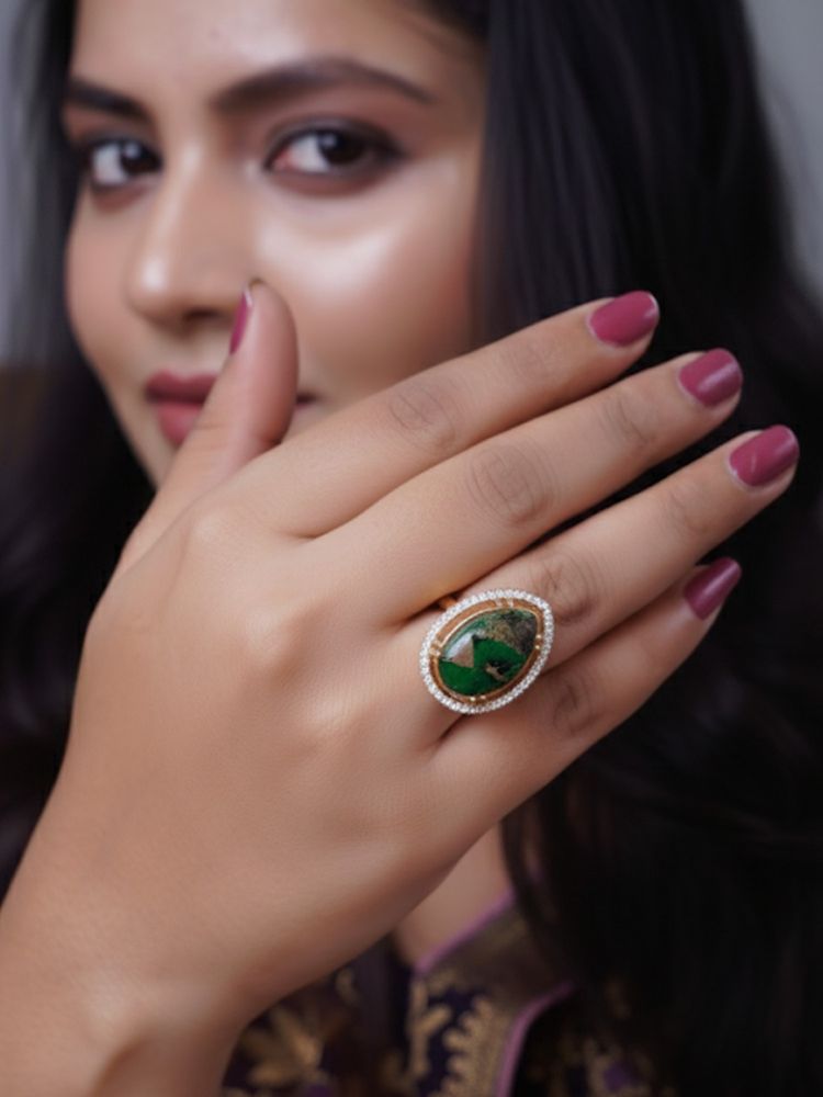 Adwitiya Women Elegant Green Agate Adjustable Ring Featuring Gold Leaf In Vintage Style-picture-18