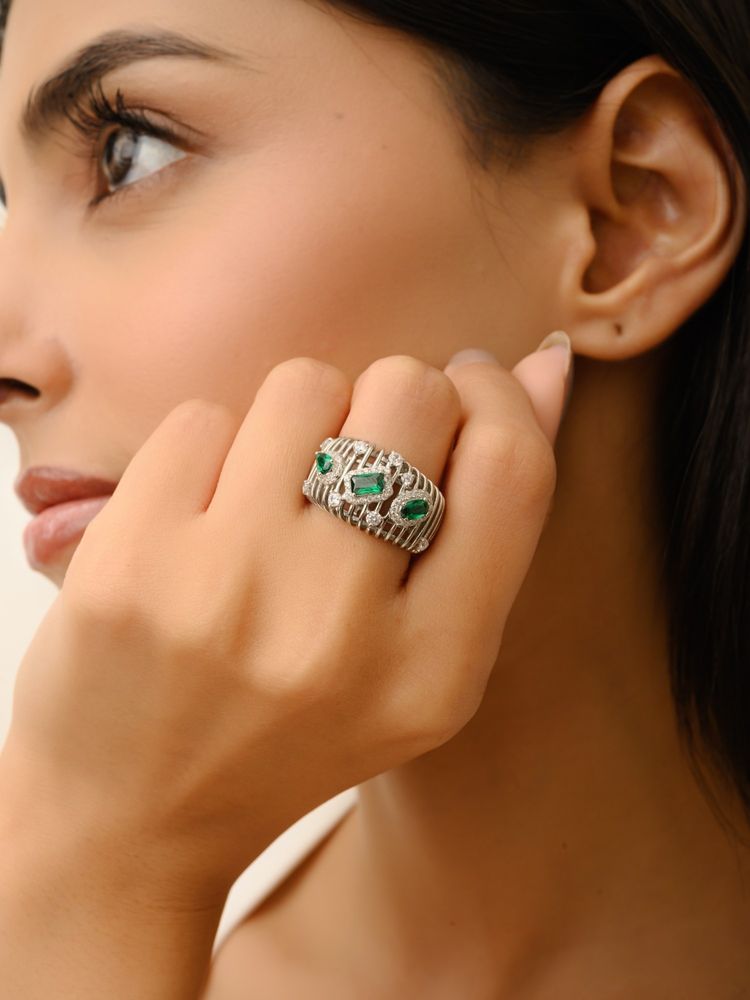 METALM White Gold Finish Green Baguette Shaped Cz Diamond Ring For Women-picture-25