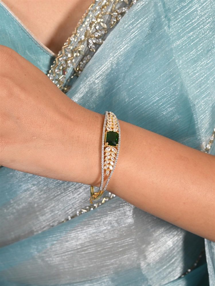 Ratnavali Jewels Gold Plated American Diamond Cz Green Openable Sleek Bracelet-picture-11
