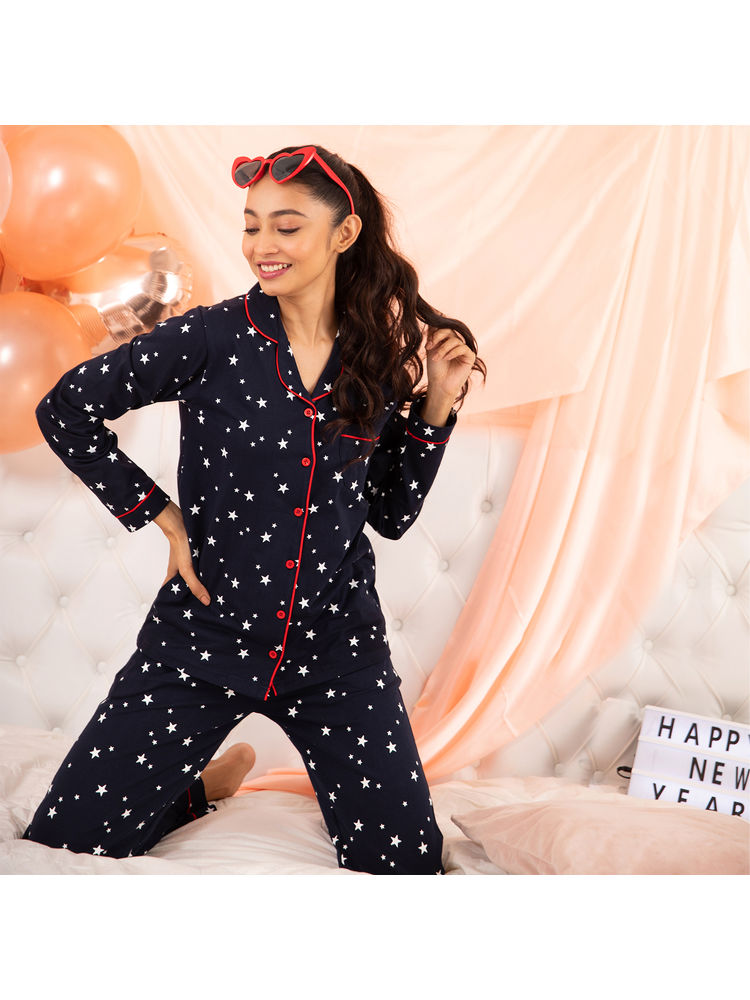 Nite Flite Women's Cotton Starry Night Full Sleeve Pyjama Set - Blue-picture-11