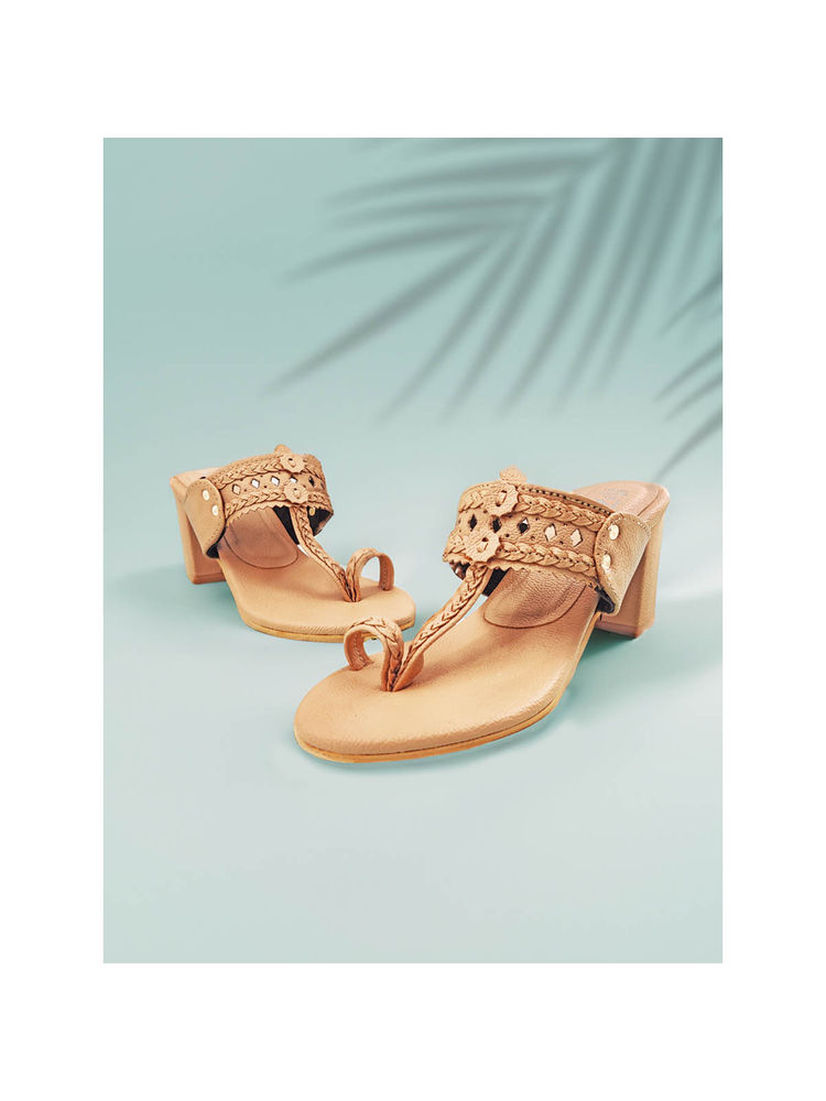 The Madras Trunk Women Three Inch Block Heels Kolhapuri in Rang Beige-picture-12