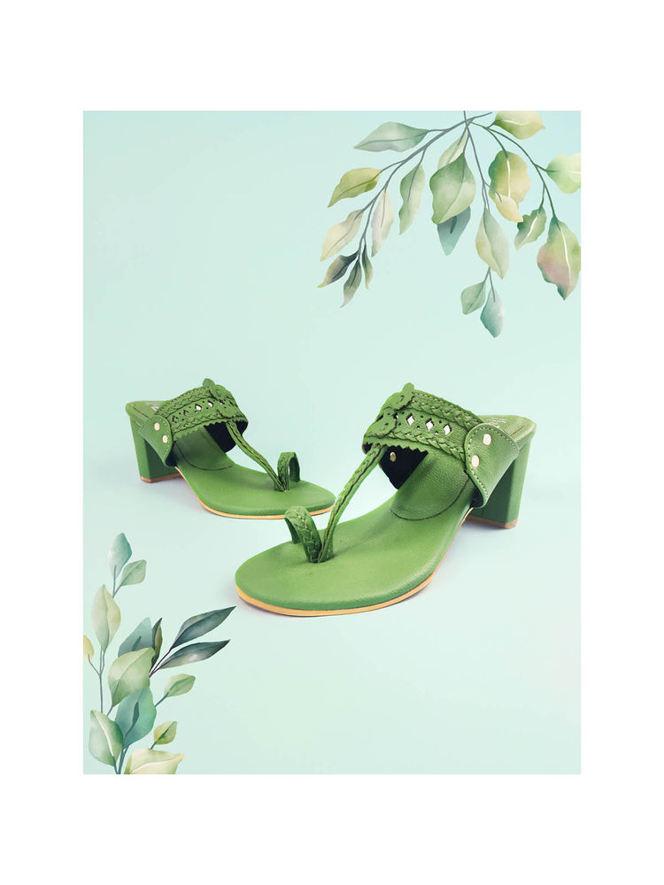 The Madras Trunk Women Three Inch Block Heels Kolhapuri in Rang Sap Green-image-31