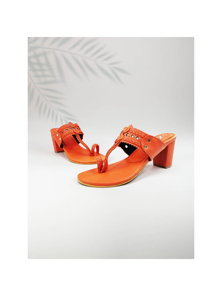 The Madras Trunk Women Three Inch Block Heels Kolhapuri in Rang Orange-picture-16