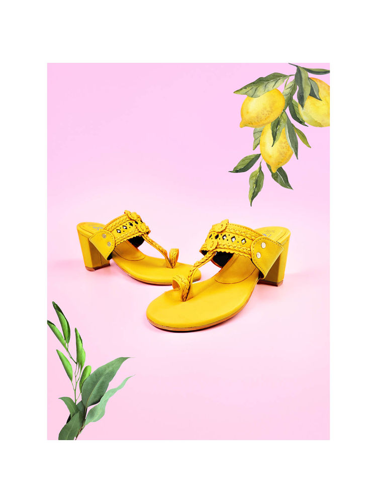 The Madras Trunk Women Three Inch Block Heels Kolhapuri in Rang Yellow-picture-18
