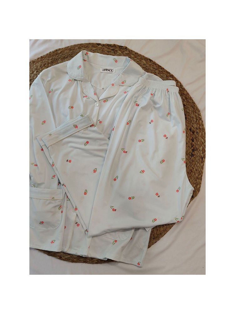 Addery Blue Plus Size Floral Soft Cotton Sleepwear Shirt & Pyjama (Set of 2)-picture-18