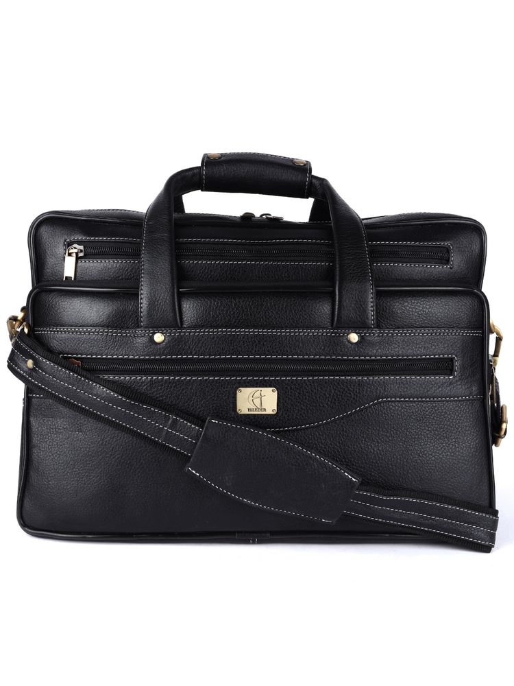 HiLEDER Pure Leather Unisex 16 Inch Briefcase Laptop Messenger Satchel Bag- Black-image-21
