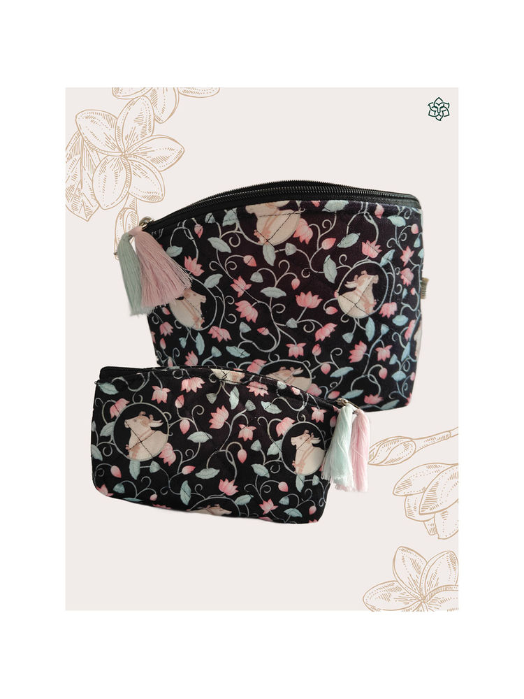 Maatir Black Pichwai Art Print Black Waterproof Travel Cosmetic Toiletry Pouches (Set of 2)