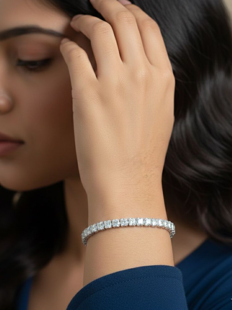 NVR Women Silver Plated CZ Stones Rectangular Cut Tennis Bracelet-picture-16