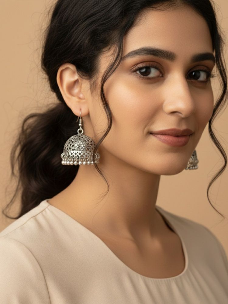 NVR Women Oxidized German Silver Floral Design Jhumka Earrings-image-38