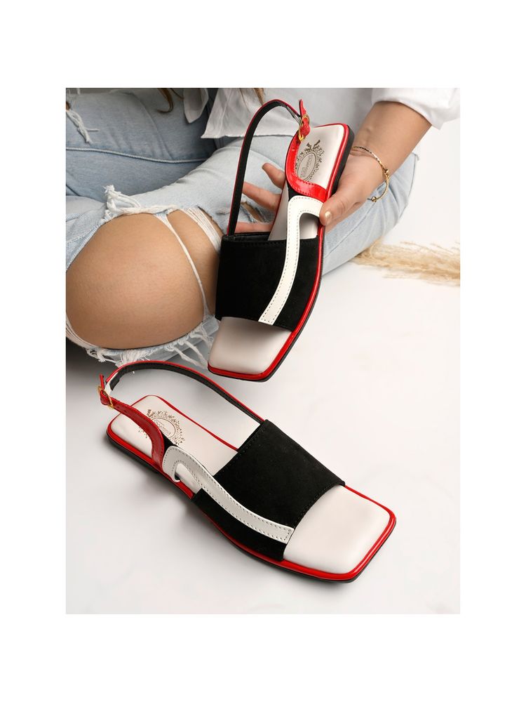 Shoetopia Solid Square Toe Black & Red Flat Sandals