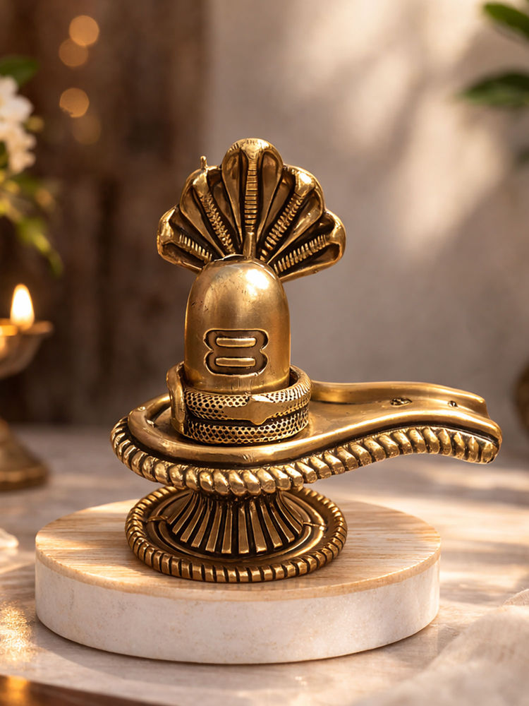 eCraftIndia Gold Brass Shivling Statue with Snake-picture-14