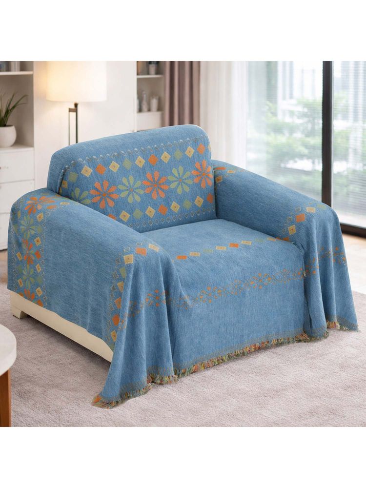 Story@Home Sky Blue & Orange Chenille Sofa Cover-picture-17
