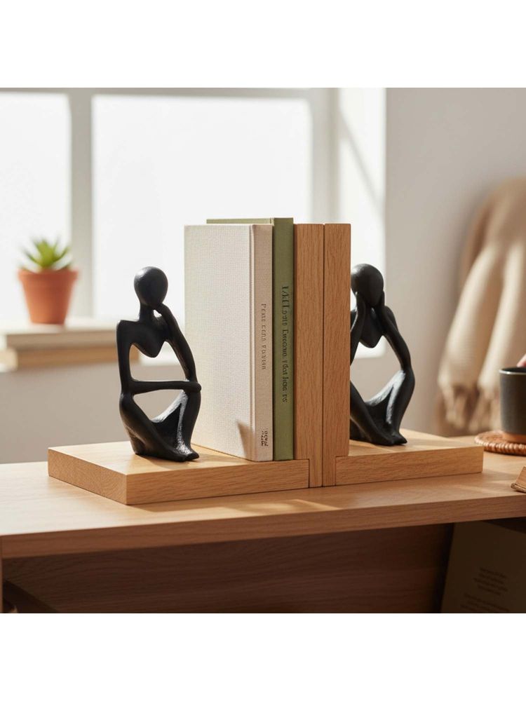 eCraftIndia Black Resin Thinker Statues Showpiece & Wooden Book End-picture-13