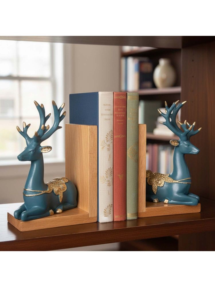 eCraftIndia Blue Resin Reindeer Sculptures Showpiece & Wooden Book End-picture-5