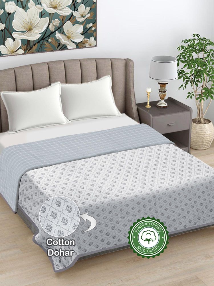FABINALIV Grey Floral Reversible AC Room 300 GSM 100% Cotton Bed Dohar (King)-image-14