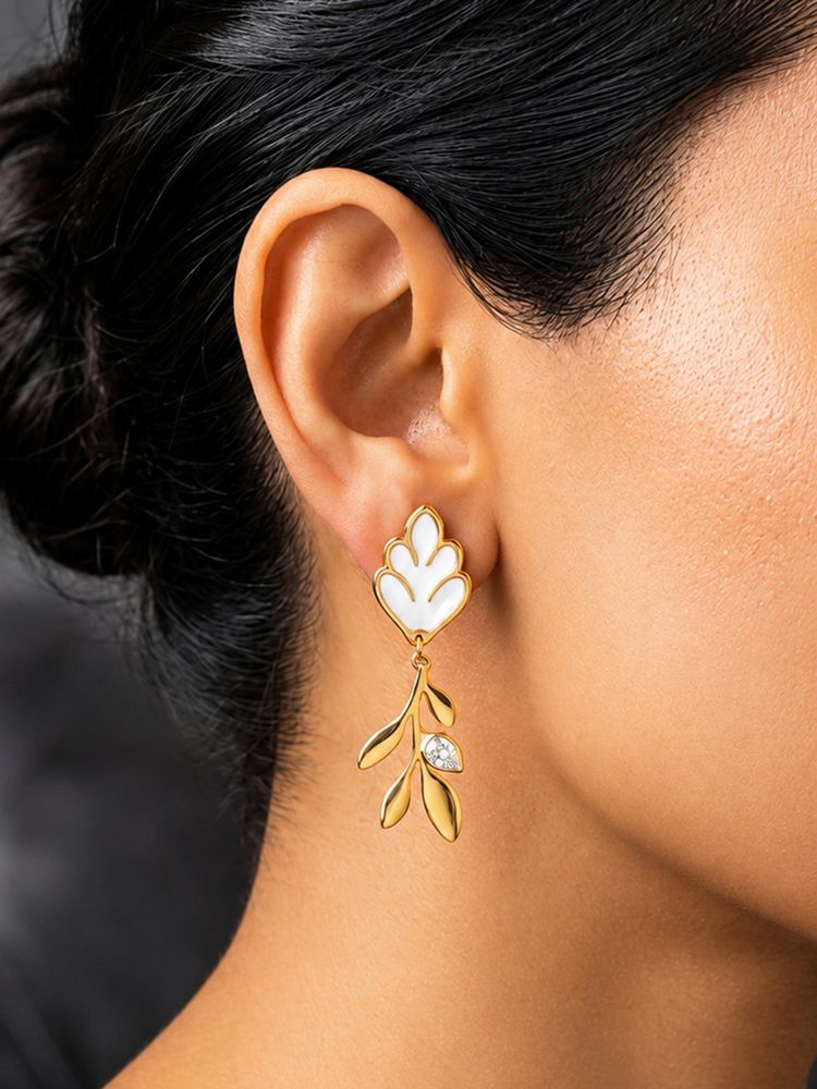 ARTKLIM White Floral Leaf Hoop Drop Anti-Tarnish Earring-picture-1