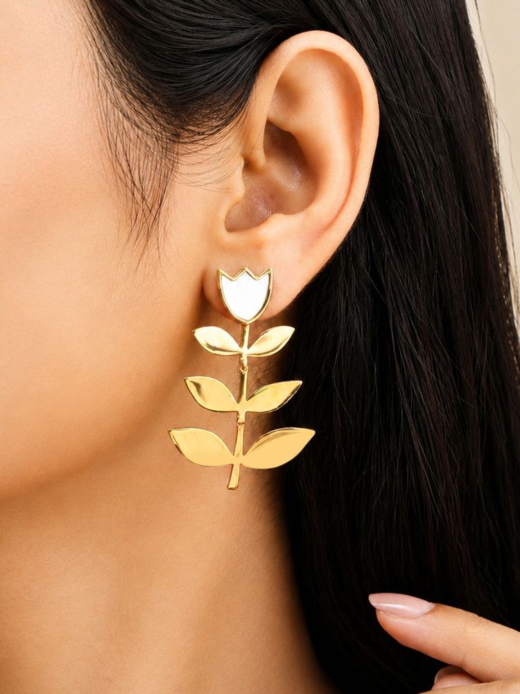 ARTKLIM White Tulip Statement Leaf Anti-Tarnish Earring-picture-40