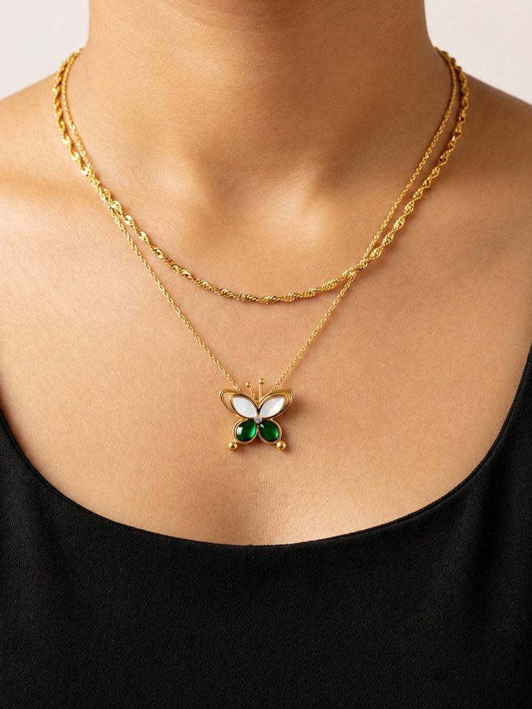 ARTKLIM Green Butterfly Layered Gold Chain Anti-Tarnish Necklace-picture-45