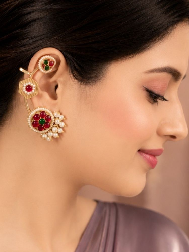 OOMPH Gold Tone Ethnic Peacock Design With Kemp Stone Beads Ear Cuff-picture-27