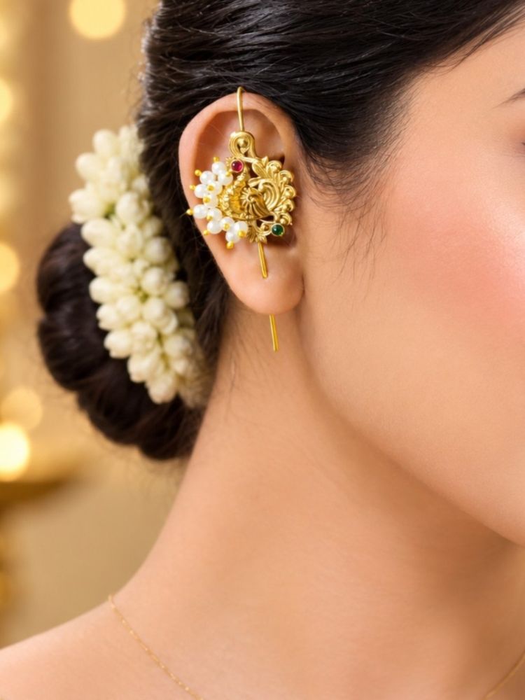OOMPH Gold Tone Ethnic Peacock Design With Kemp Stone Beads Ear Cuff-picture-28