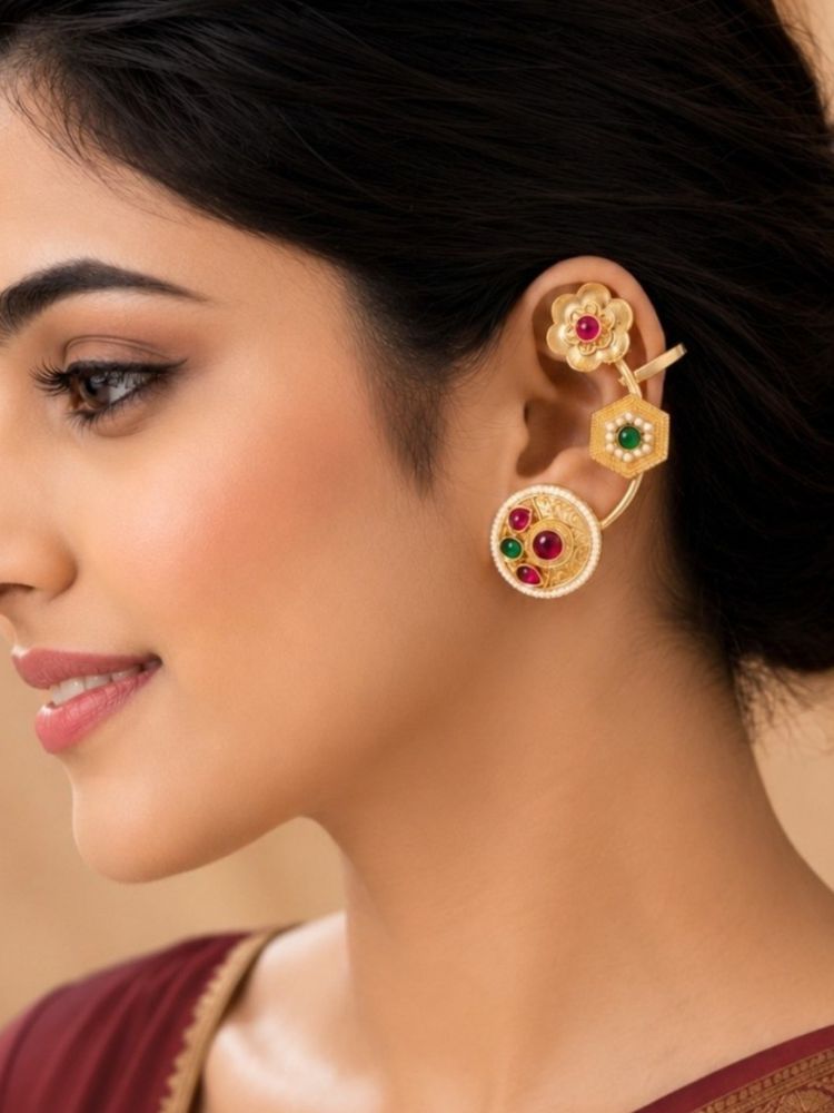 OOMPH Gold Tone Ethnic Florsl Design With Kemp Stone Beads Ear Cuff-picture-29