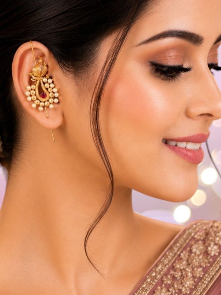OOMPH Gold Tone Ethnic Peacock Design With Kemp Stone Beads Ear Cuff-picture-30