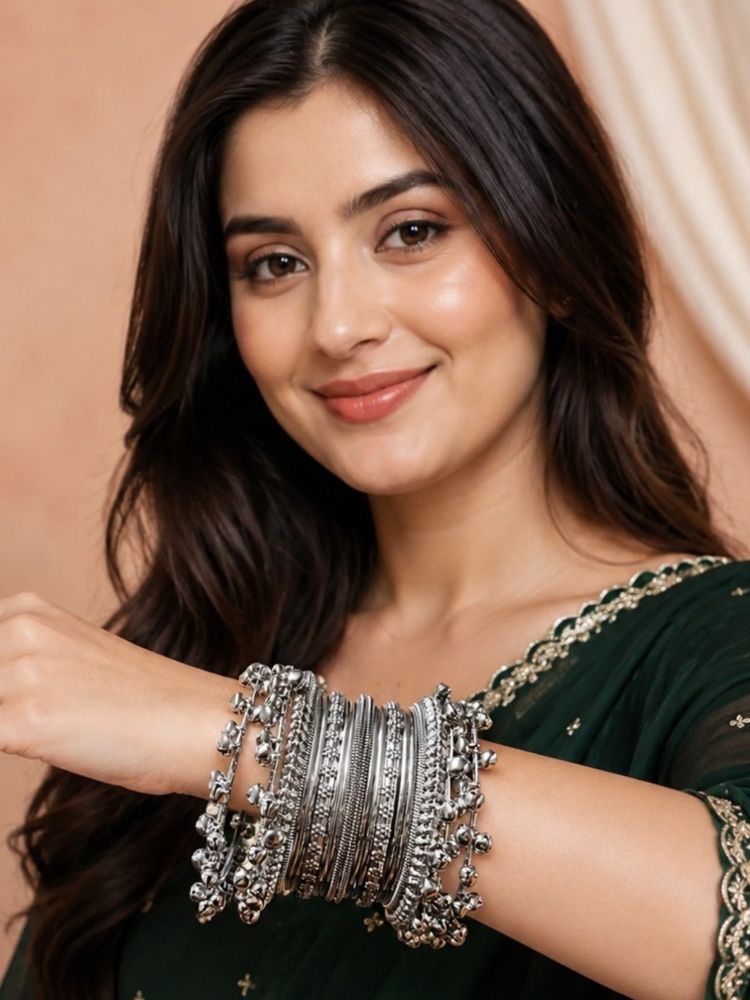 OOMPH Silver Oxidised Ghungroo Kashmiri Bangles (Pack of 20)-picture-27