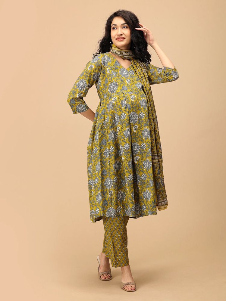 The Mom Store Sunehri Blooms Maternity and Nursing Kurta & Pant With Dupatta-picture-8