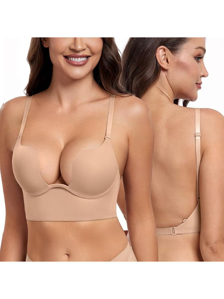 BRACHY Womens Beige Low Back Wire Lifting Deep U Plunge Bra-picture-21