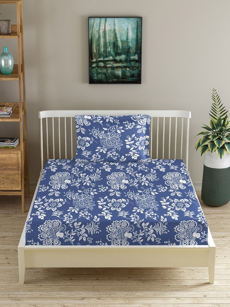 MORADO Premium Glace Cotton Single Fitted Bedsheet With 1 Pillow Cover Blue 36X72X8 Inches-picture-35