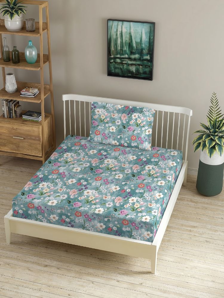 MORADO Premium Glace Cotton Single Fitted Bedsheet With 1 Pillow Cover Blue 36X72X8 Inches-picture-39