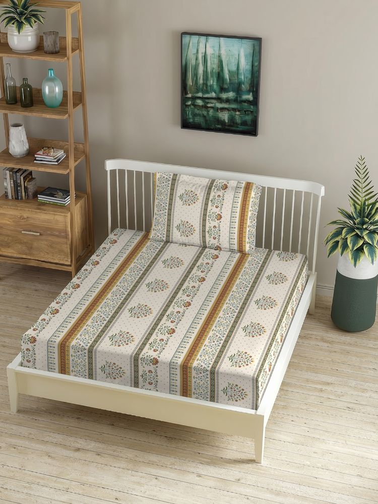 MORADO Premium Glace Cotton Single Fitted Bedsheet With 1 Pillow Cover Cream 36X72X8 Inches-picture-0