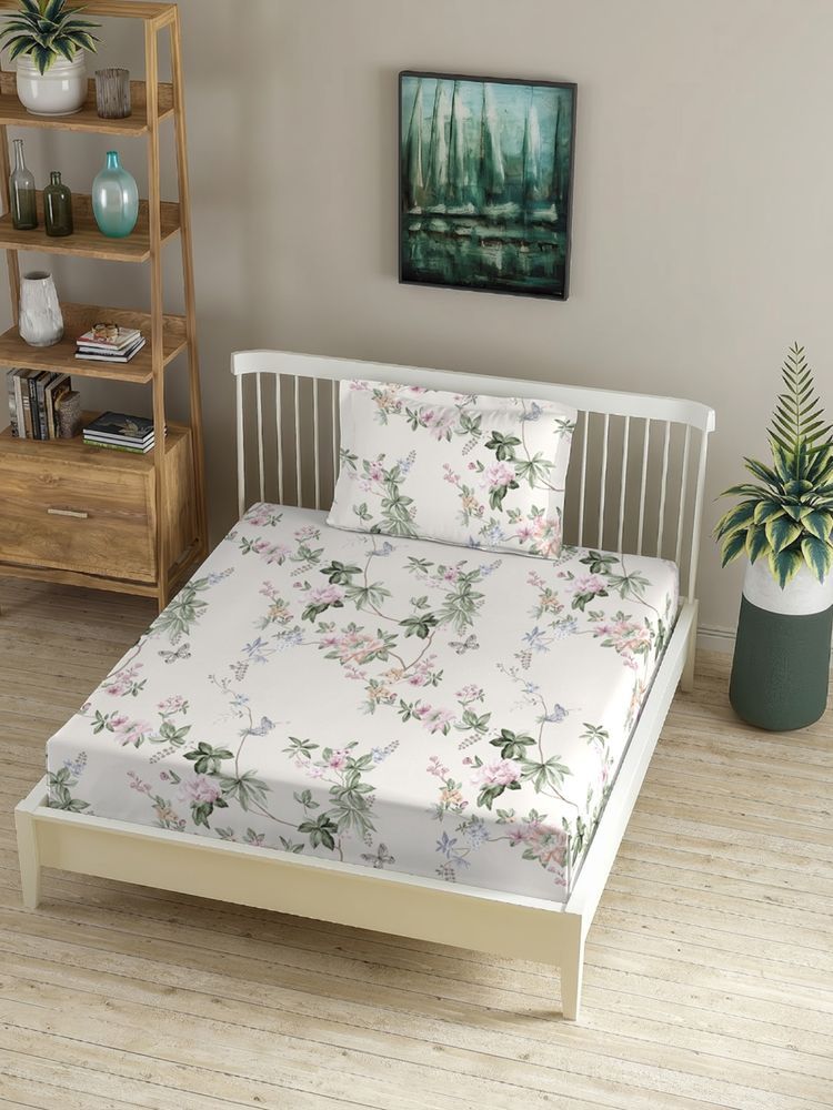 MORADO Premium Glace Cotton Single Fitted Bedsheet With 1 Pillow Cover White 36X72X8 Inches-picture-49