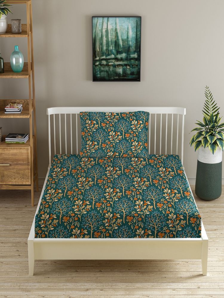 MORADO Premium Glace Cotton Single Fitted Bedsheet With 1 Pillow Cover Green 36X72X8 Inches-picture-24