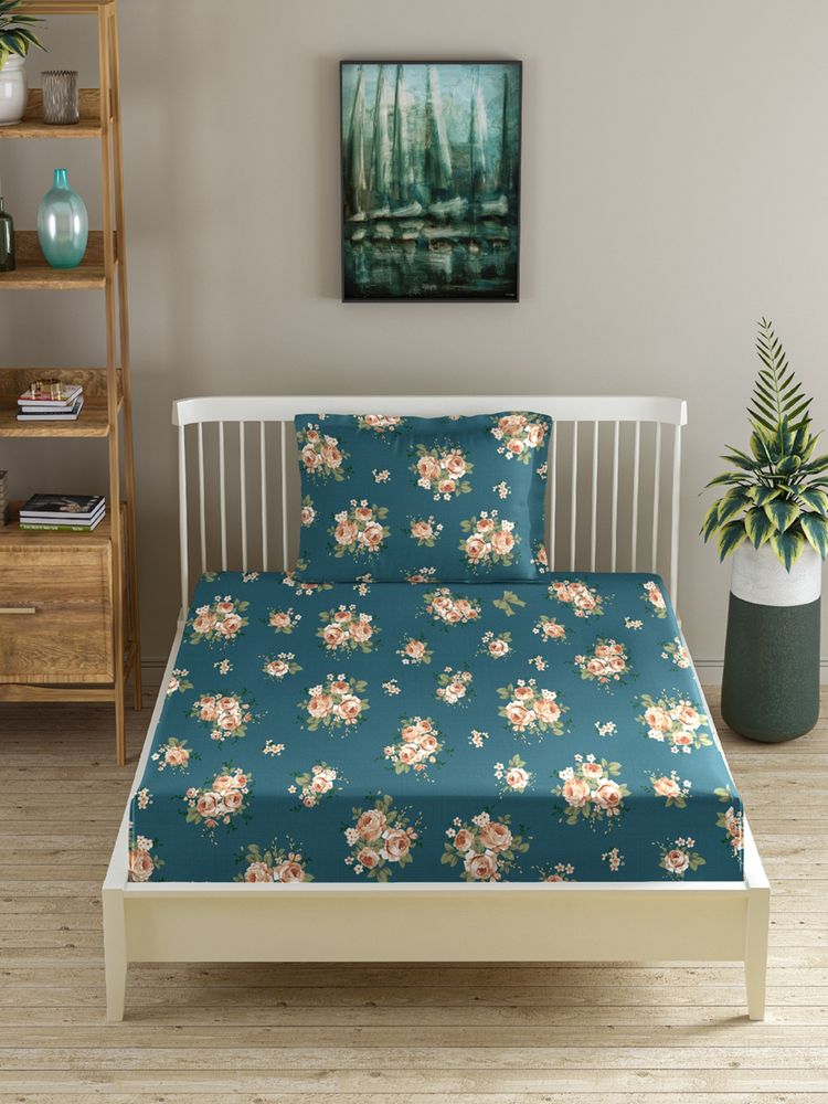 MORADO Premium Glace Cotton Single Fitted Bedsheet With 1 Pillow Cover Teal 36X72X8 Inches-picture-30