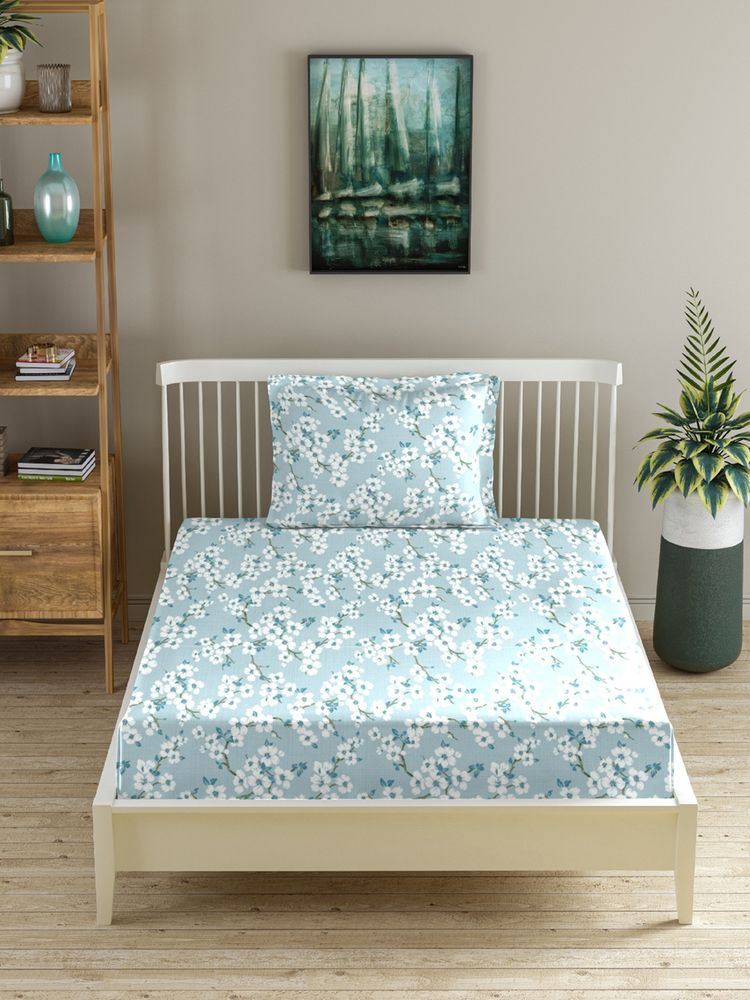 MORADO Premium Glace Cotton Single Fitted Bedsheet With 1 Pillow Cover Blue 36X72X8 Inches-picture-42