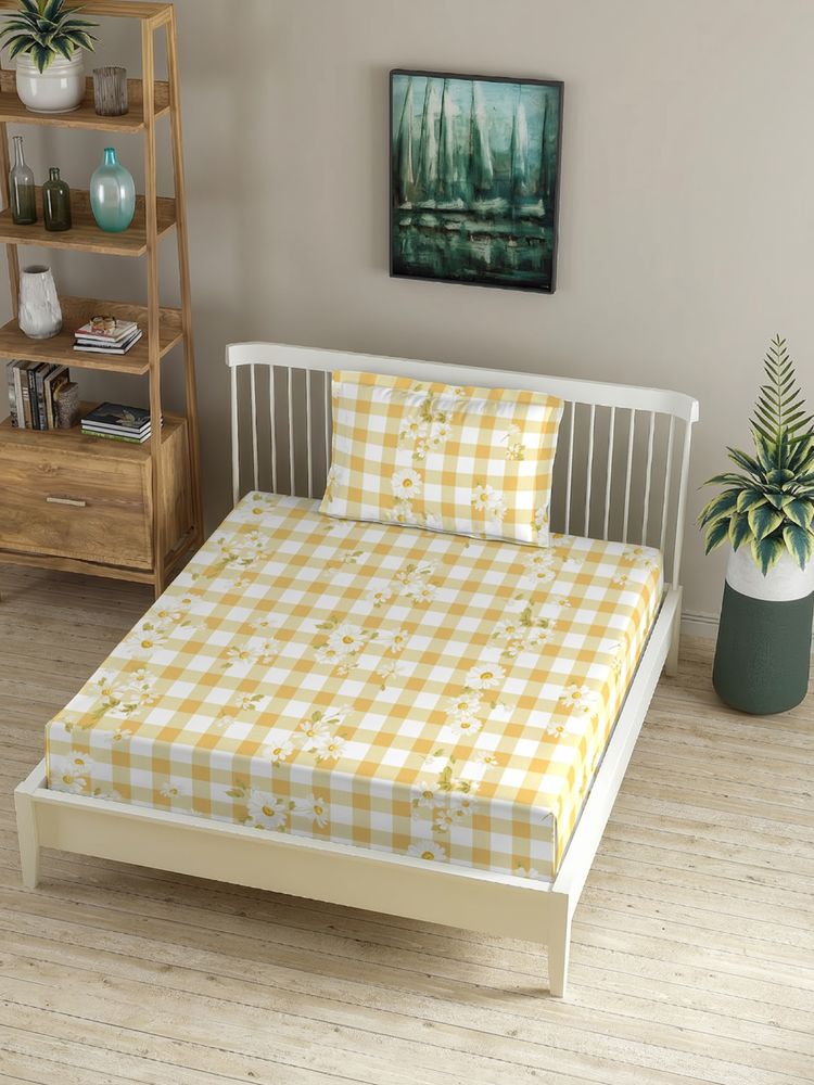 MORADO Premium Glace Cotton Single Fitted Bedsheet With 1 Pillow Cover Yellow 36X72X8 Inches-picture-44