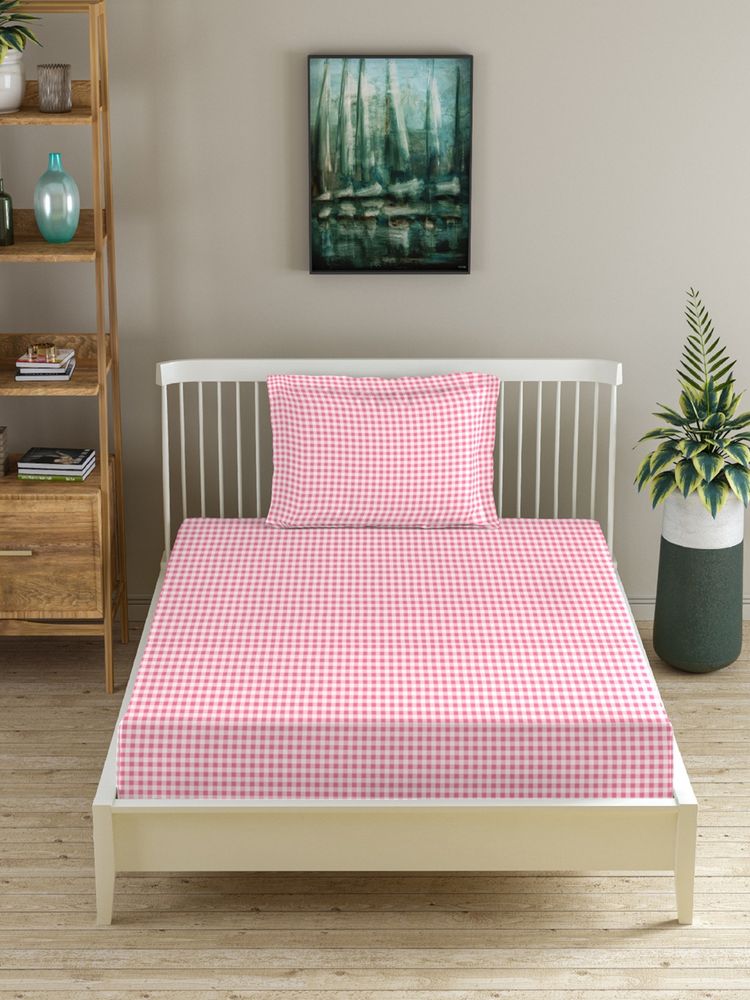 MORADO Premium Glace Cotton Single Fitted Bedsheet With 1 Pillow Cover White Pink-picture-38