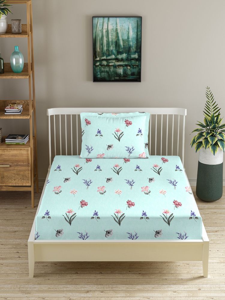 MORADO Premium Glace Cotton Single Fitted Bedsheet With 1 Pillow Cover Aqua 36X72X8 Inches-picture-43