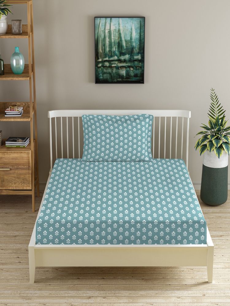 MORADO Premium Glace Cotton Single Fitted Bedsheet With 1 Pillow Cover Blue 36X72X8 Inches-picture-23