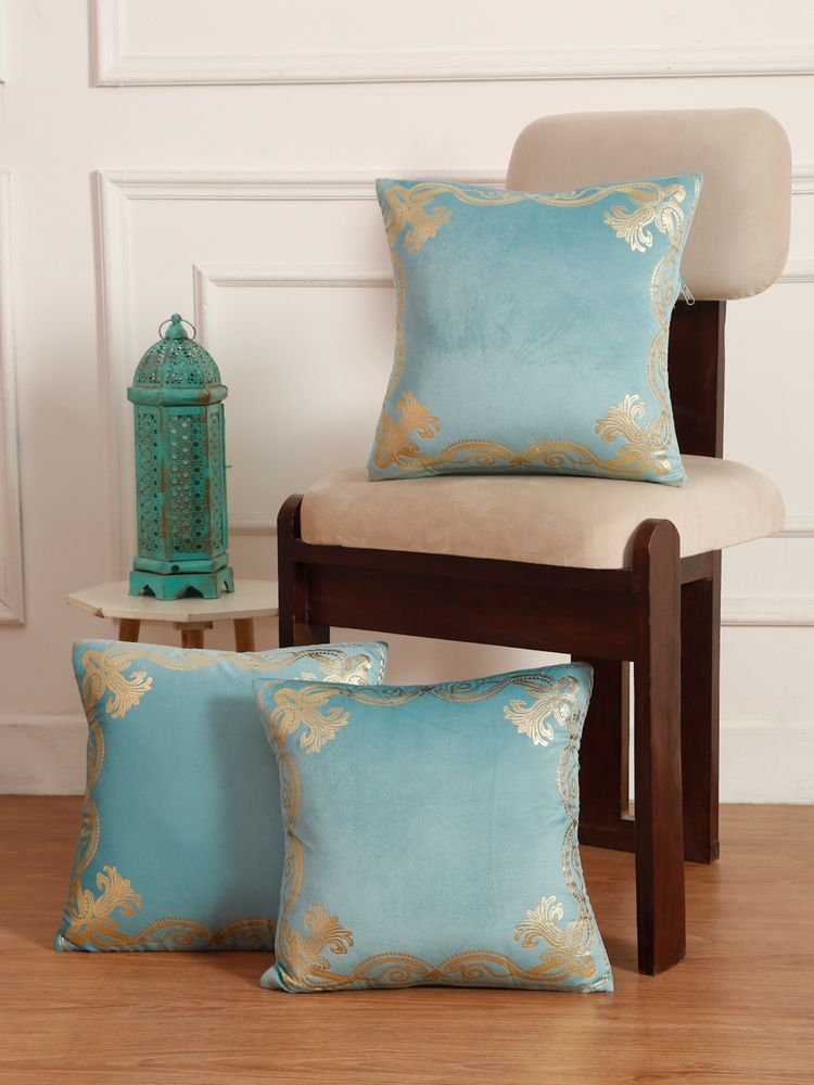 HOSTA HOMES Soft Velvet Golden Foil Printed Cushion Covers Pack Of 3 ( 16 X 16 Inch ) Aqua-picture-2