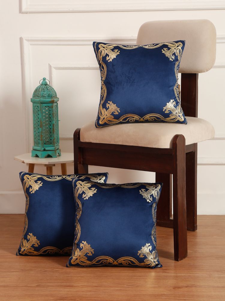 HOSTA HOMES Soft Velvet Golden Foil Printed Cushion Covers Pack Of 3 ( 16 X 16 Inch ) Blue-image-40
