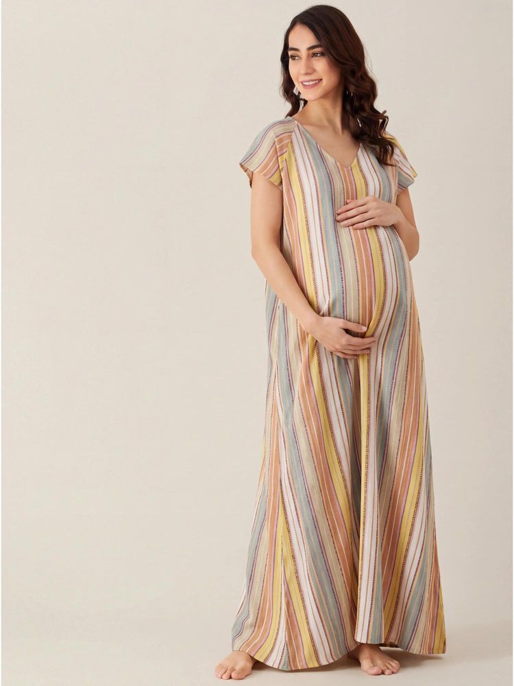 The Kaftan Company Multi-Color Striped Viscose Maternity Nightdress With Pockets-picture-10